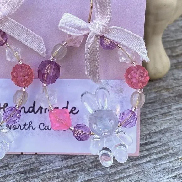 Handmade Pink Circle Bunny Earrings. New! - Picture 2 of 3